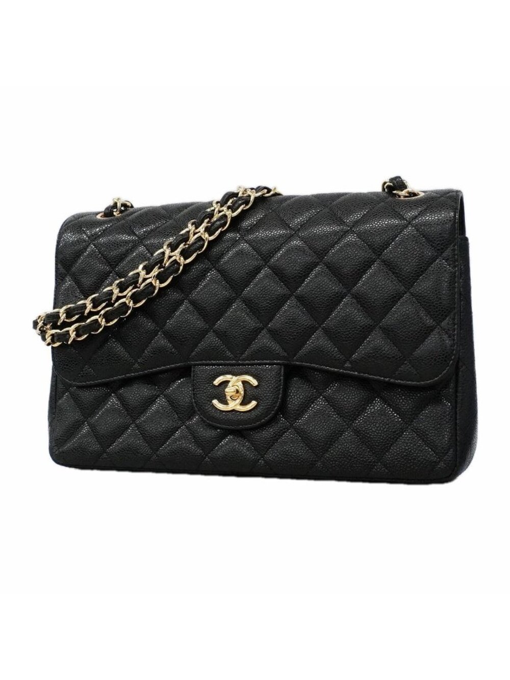 Chanel Shoulder Bag Maxi Quilted Caviar Leather Black Gold